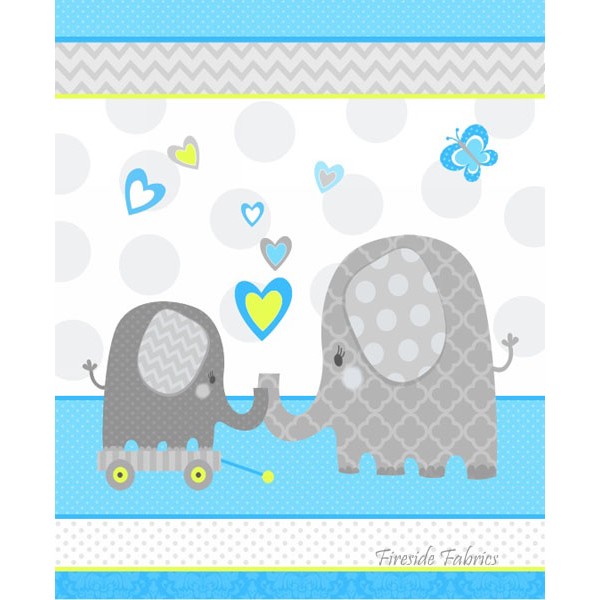 HELLO BABY ELEPHANT COT PANEL - BRUSHED COTTON - BLUE
