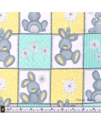 FLUFFY BUNNY SQUARES - BRUSHED COTTON/FLANNEL - AQUA-YELLOW