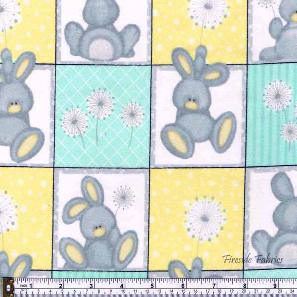 FLUFFY BUNNY SQUARES - BRUSHED COTTON/FLANNEL - AQUA-YELLOW